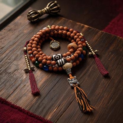 Handcrafted Rudraksha 108-Bead Mala Collection - Scripture Clasp · With Counters - material and construction detail