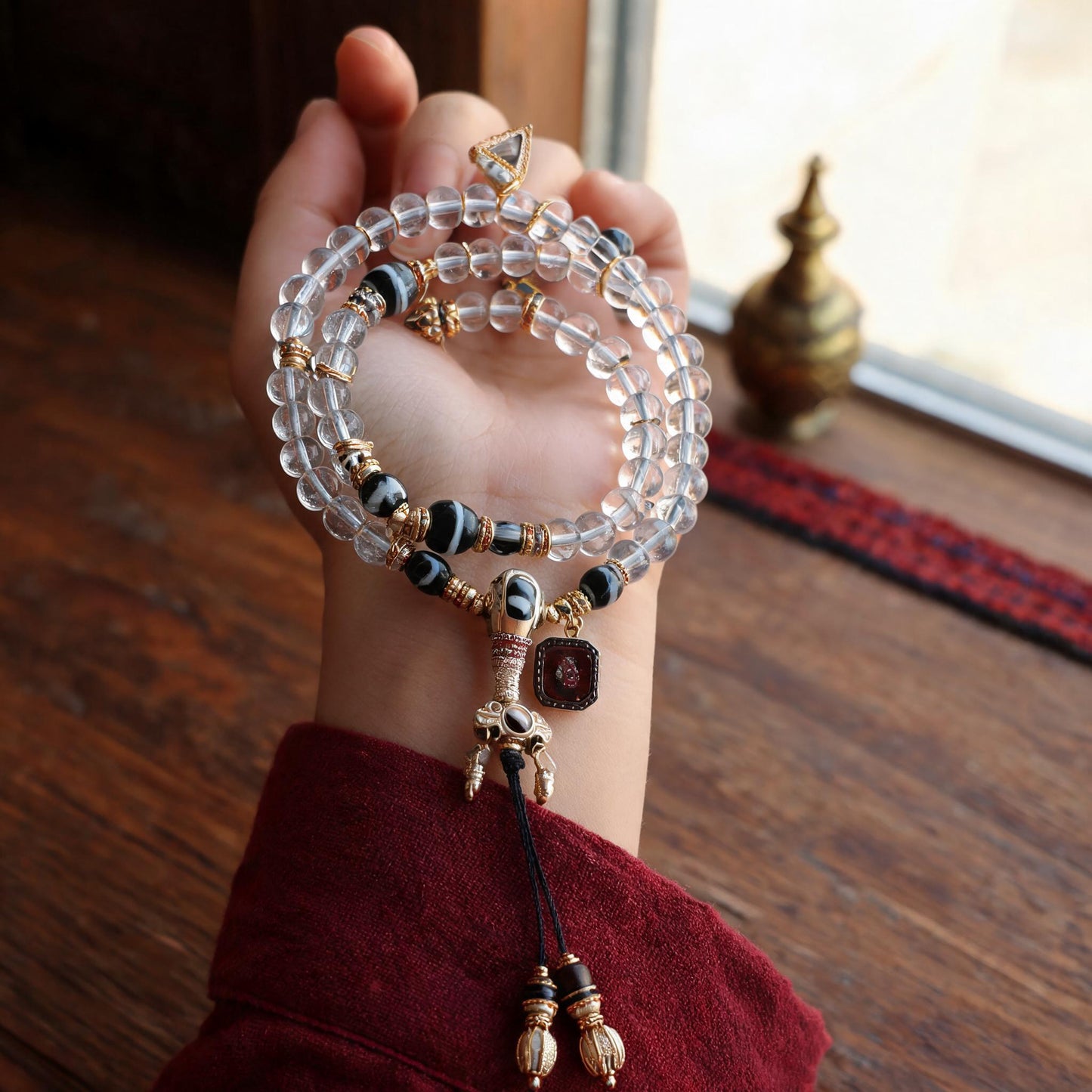Handcrafted Agarwood & Clear Quartz Multi-Wrap Mala - Clear Quartz Vajra Style - scale-use view