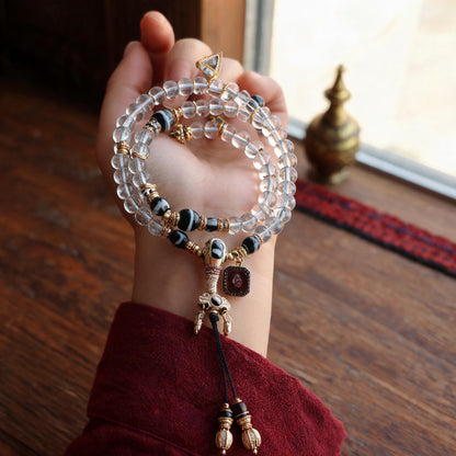 Handcrafted Agarwood & Clear Quartz Multi-Wrap Mala - Clear Quartz Vajra Style - scale-use view