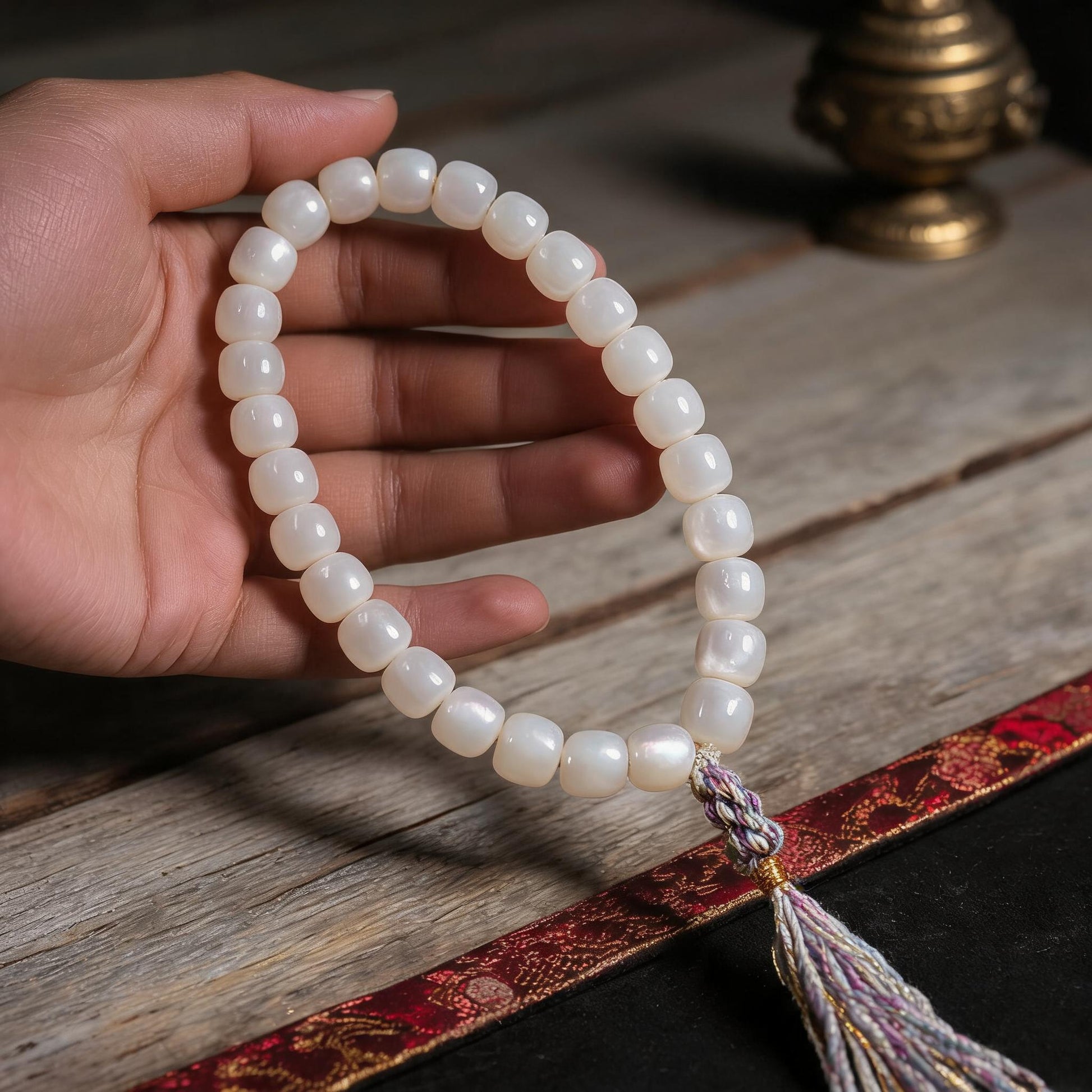 Handcrafted Mother-of-Pearl 108 & 27-Bead Mala Collection - Travel Hand Mala · 8×7 mm · 27 Beads · Multicolor-Gold Tassel - scale-use view