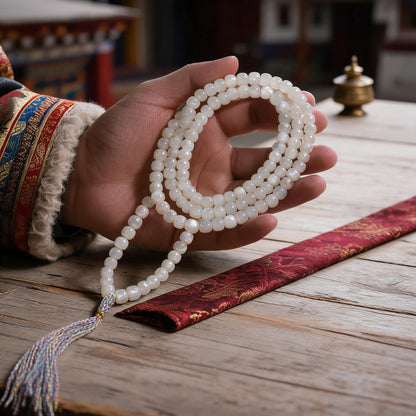 Handcrafted Mother-of-Pearl 108 & 27-Bead Mala Collection - Tibetan Spirit · 7×6 mm · 108 Beads · Multicolor-Gold Tassel - scale-use view
