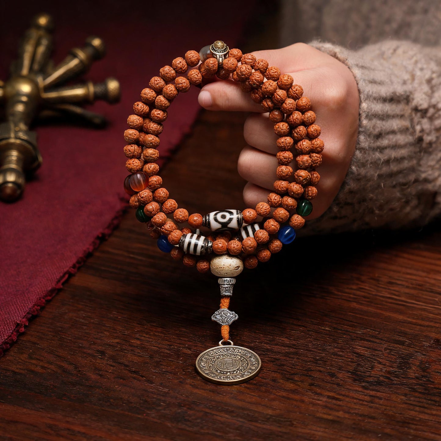 Handcrafted Rudraksha 108-Bead Mala Collection - Nine-Palace Pendant · Without Counters - scale-use view