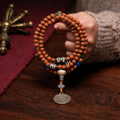 Handcrafted Rudraksha 108-Bead Mala Collection - Nine-Palace Pendant · Without Counters - scale-use view