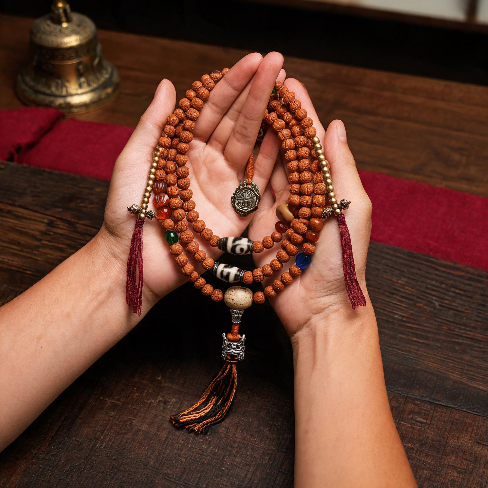 Handcrafted Rudraksha 108-Bead Mala Collection - Scripture Clasp · With Counters - scale-use view