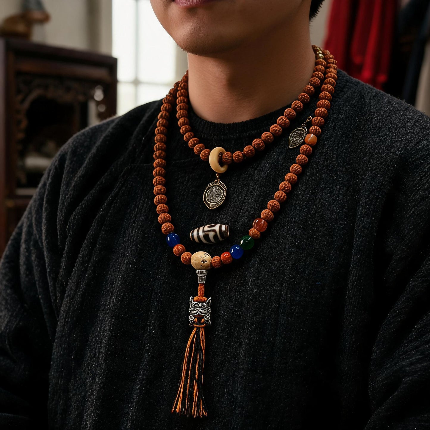 Handcrafted Rudraksha 108-Bead Mala Collection - Scripture Clasp · Without Counters - scale-use view