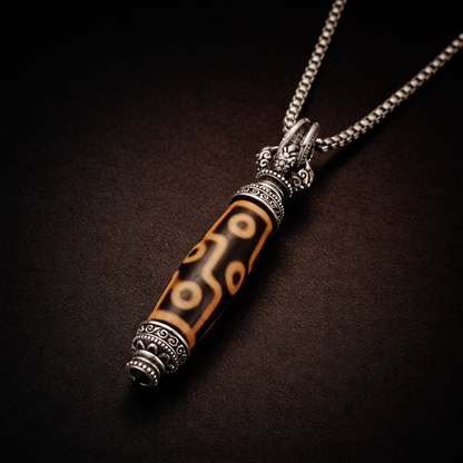 Handmade nine eye dzi bead necklace with amber accent main view