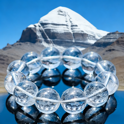 Clear quartz bead bracelet with Mount Kailash in the background