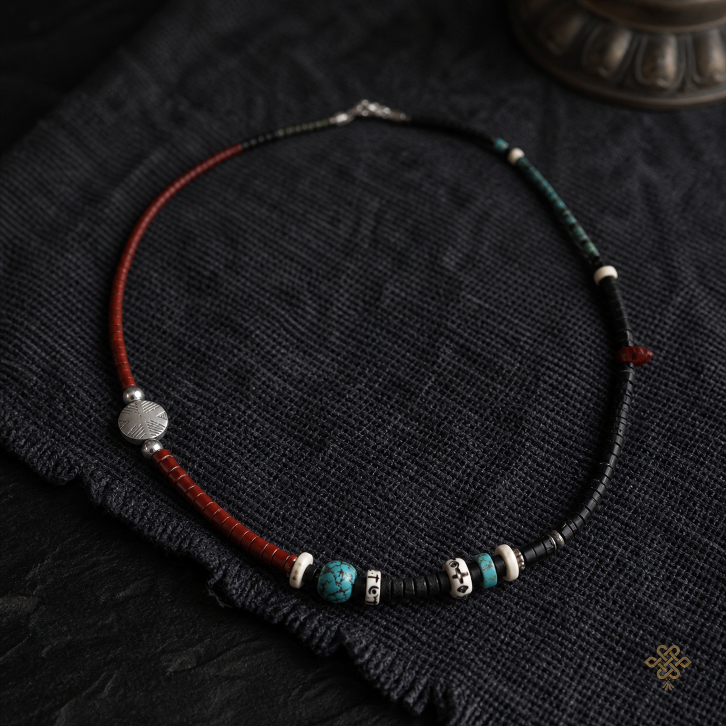 Potala Karma Navajo stone and volcanic bead necklace front hero view