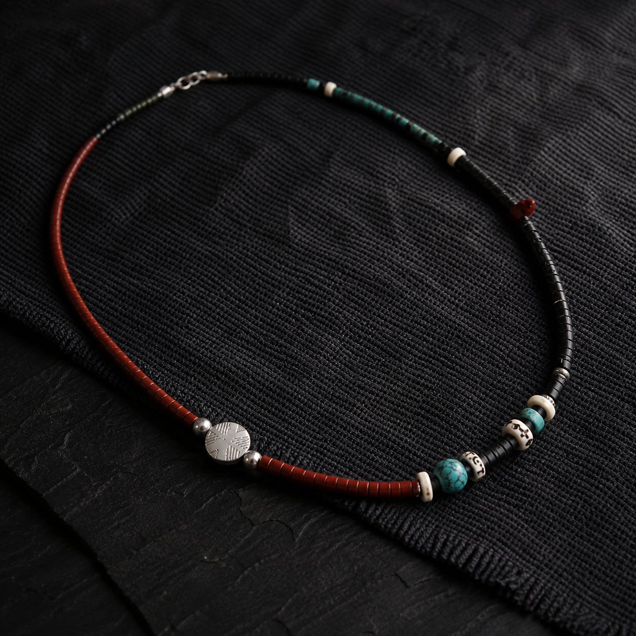 Navajo stone and volcanic bead necklace three-quarter view