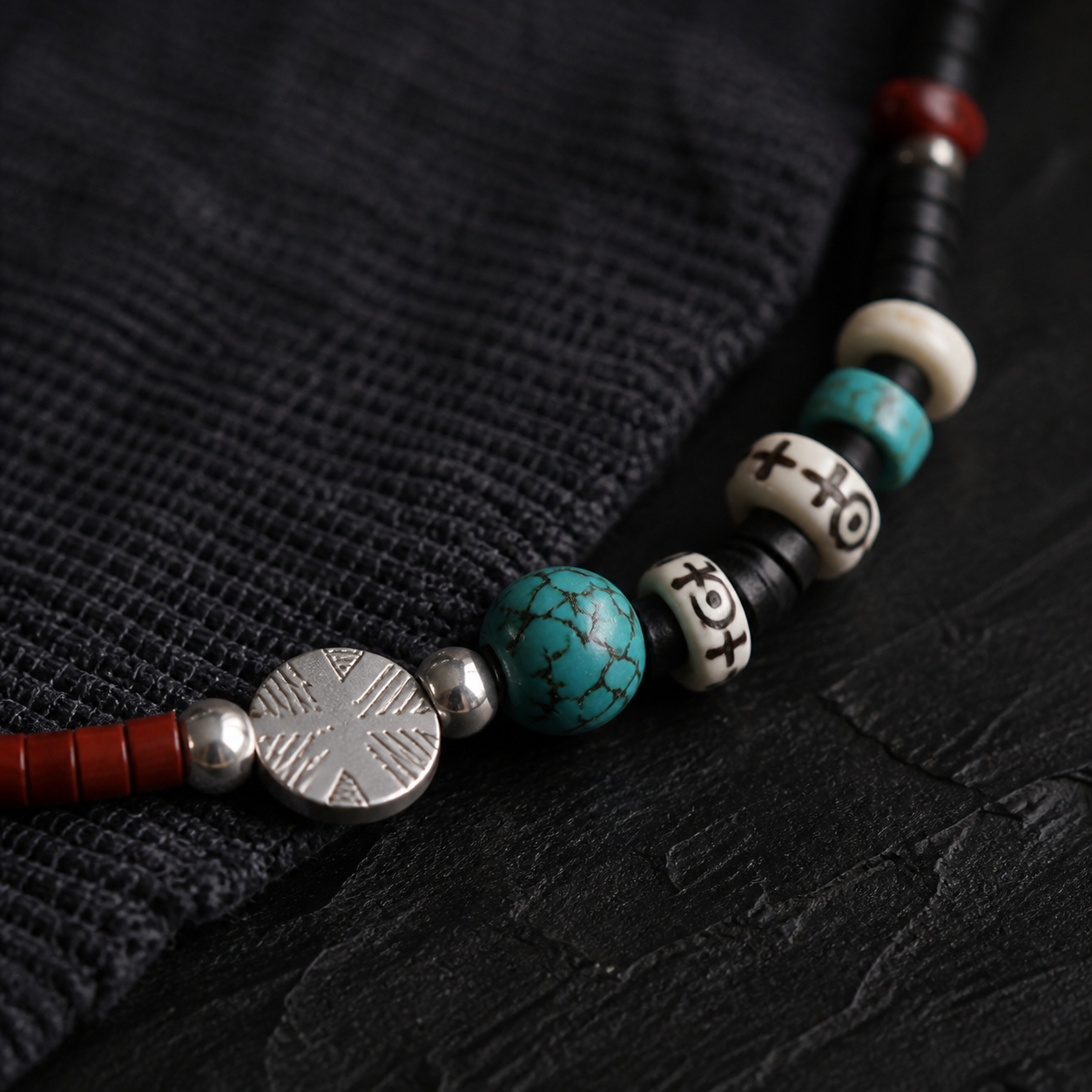Navajo stone necklace turquoise bone bead and silver medallion detail