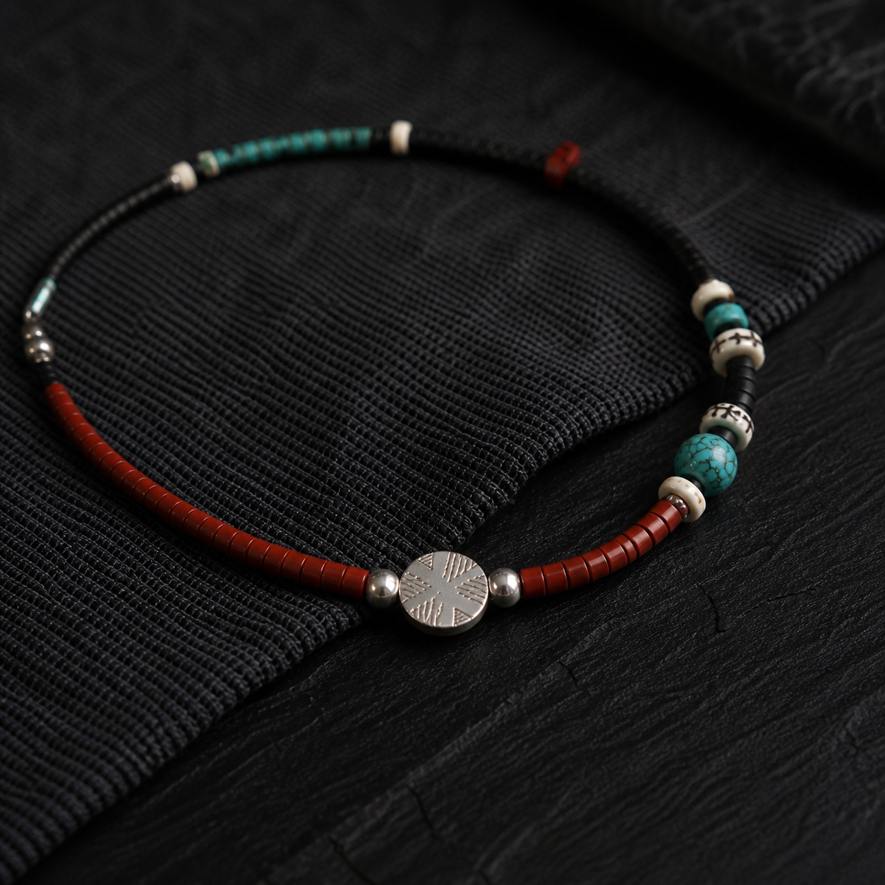 Navajo stone necklace red stone and volcanic bead material detail