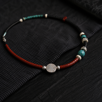 Navajo stone necklace red stone and volcanic bead material detail