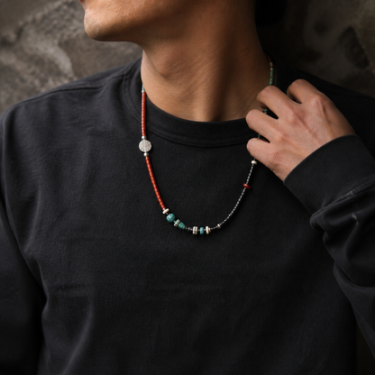 Navajo stone and volcanic bead necklace proportional wearing view