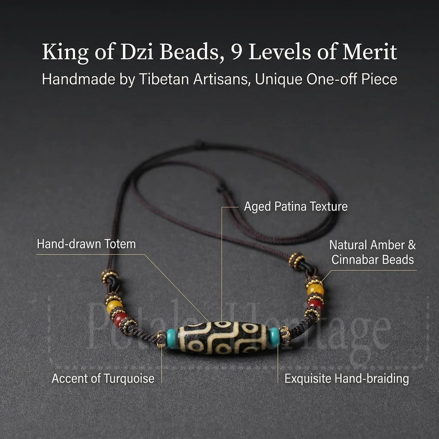 Handmade Nine-Eye Dzi Bead Necklace with Amber Accent