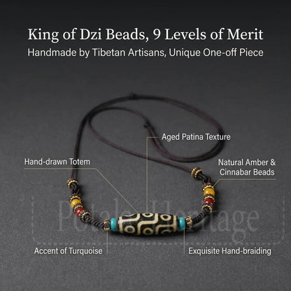 Nine-eye Dzi bead necklace craftsmanship and symbolism detail graphic