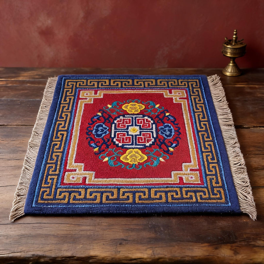 Endless Knot Floral · Vermilion handwoven Tibetan wool seat cushion