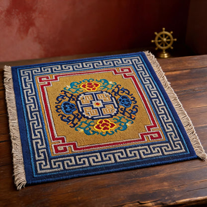 Endless Knot Floral · Golden Yellow handwoven Tibetan wool seat cushion