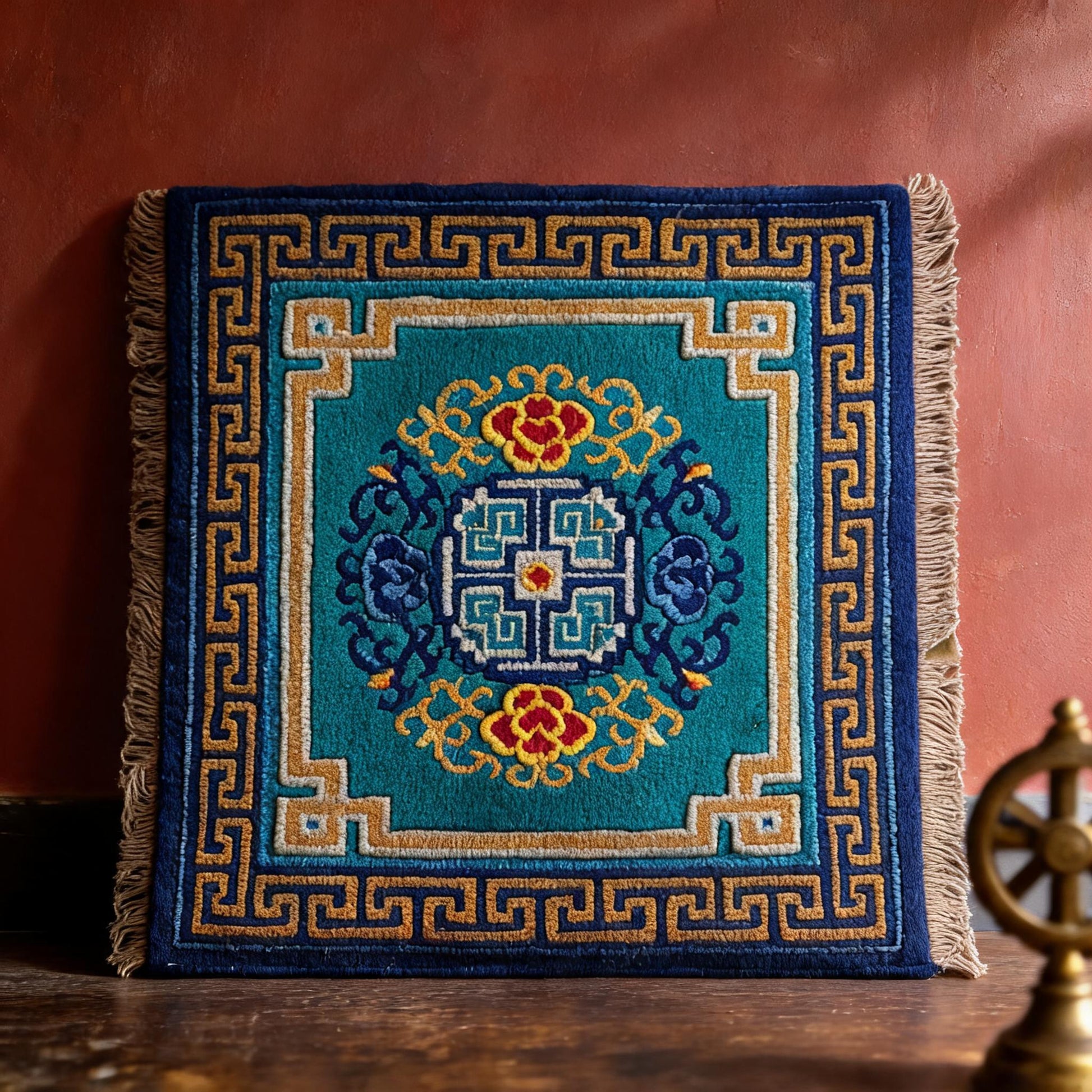 Endless Knot Floral · Blue Green handwoven Tibetan wool seat cushion