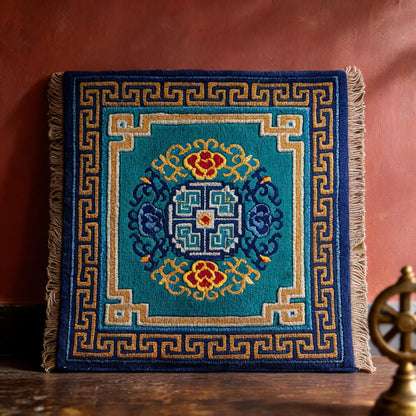Endless Knot Floral · Blue Green handwoven Tibetan wool seat cushion