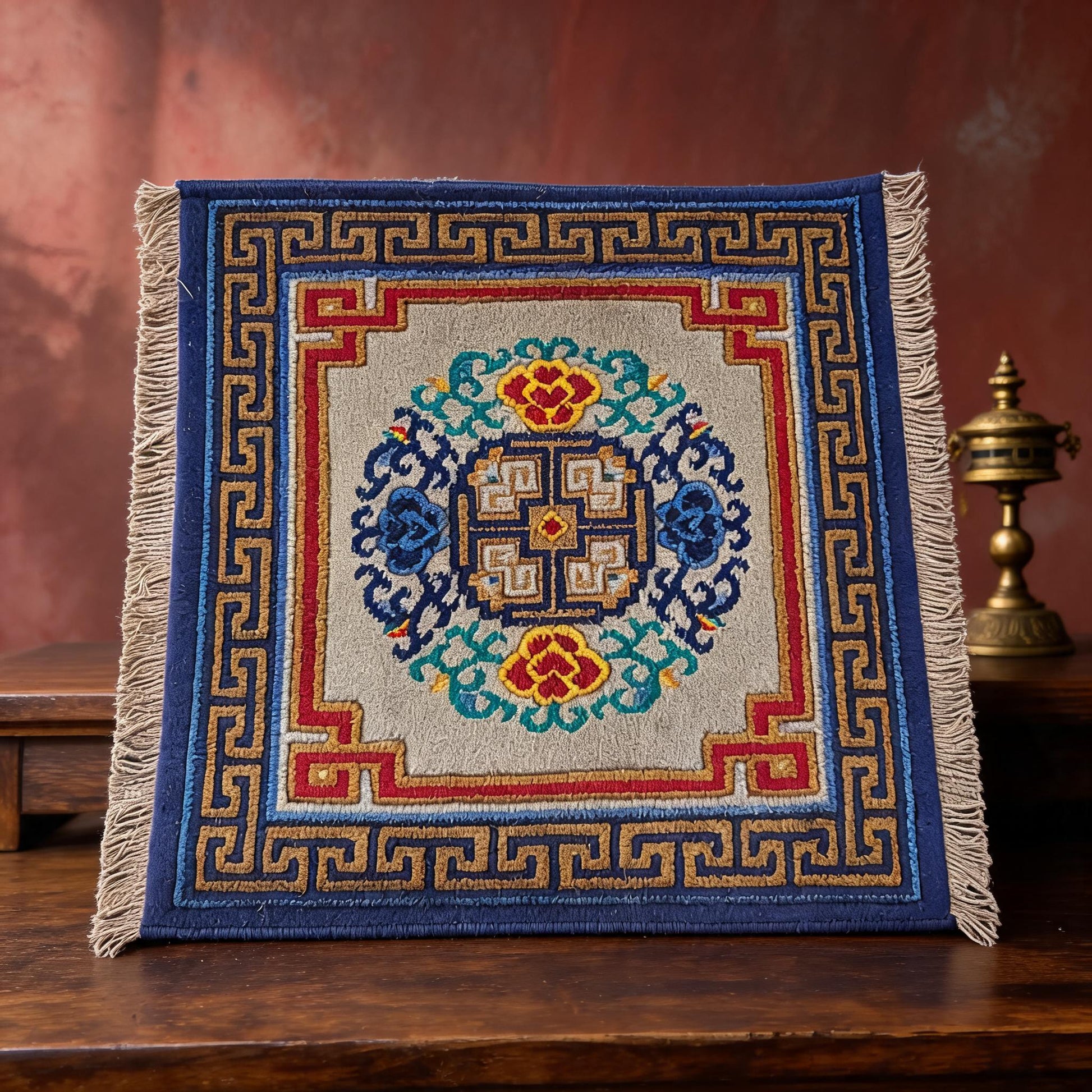Endless Knot Floral · Gray Camel handwoven Tibetan wool seat cushion