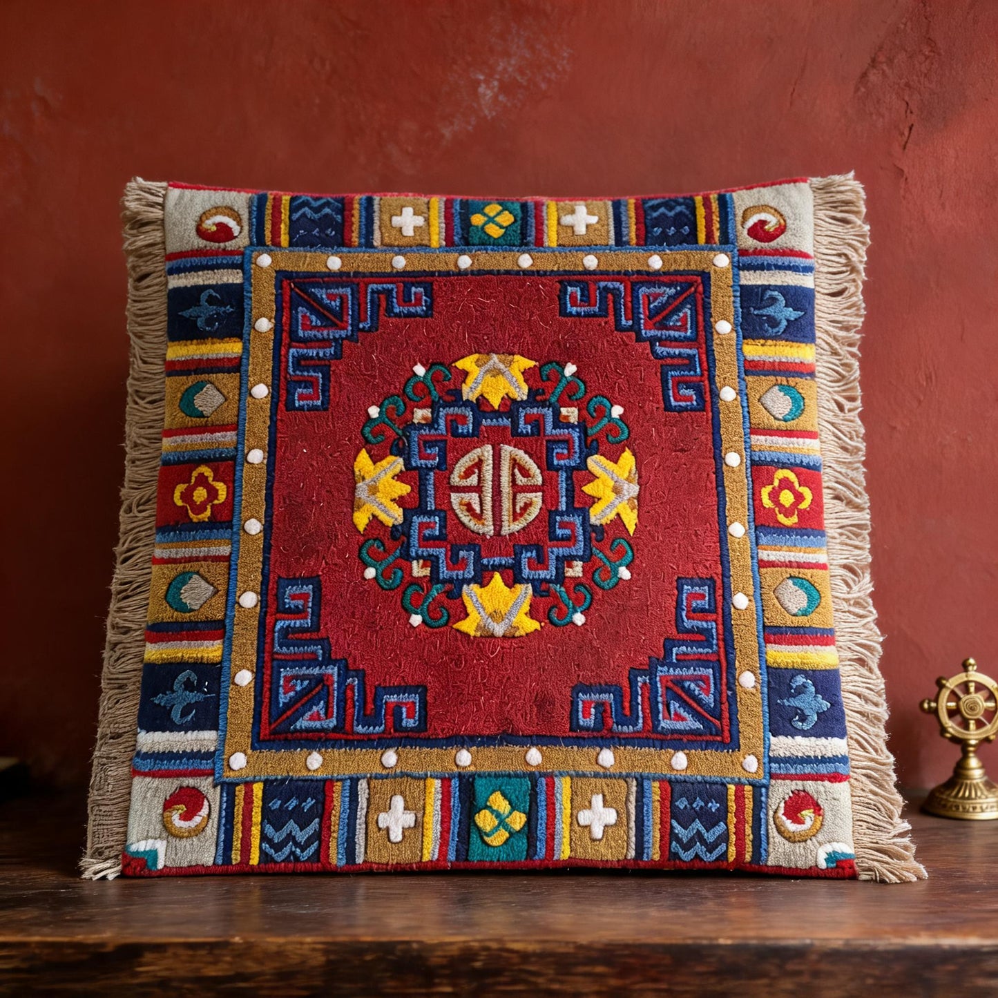 Pulu Floral · Vermilion handwoven Tibetan wool seat cushion