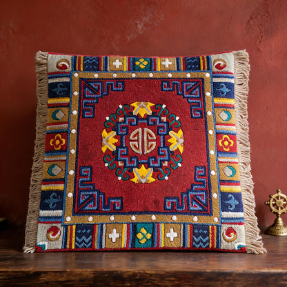Pulu Floral · Vermilion handwoven Tibetan wool seat cushion