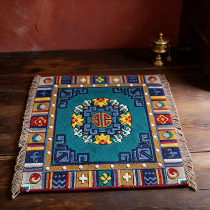 Pulu Floral · Blue Green handwoven Tibetan wool seat cushion