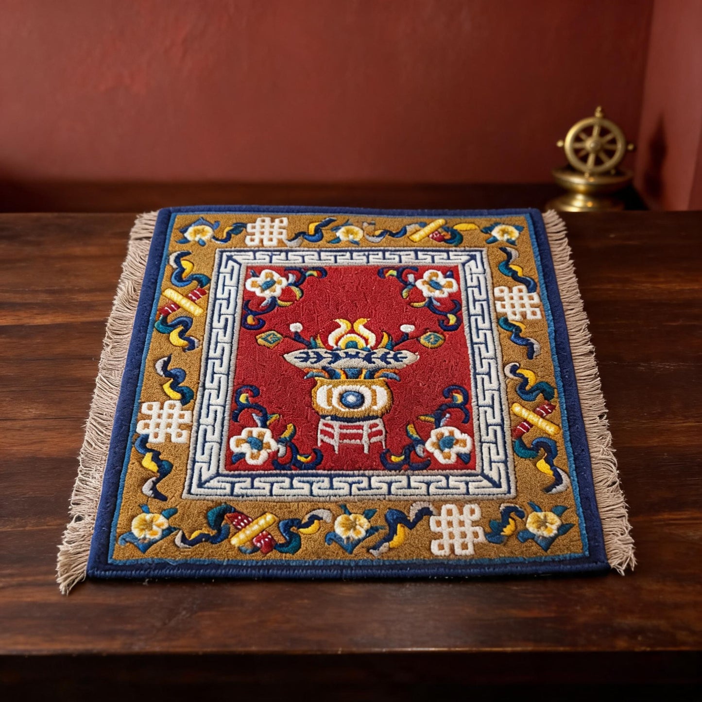 Treasure Vase · Vermilion handwoven Tibetan wool seat cushion