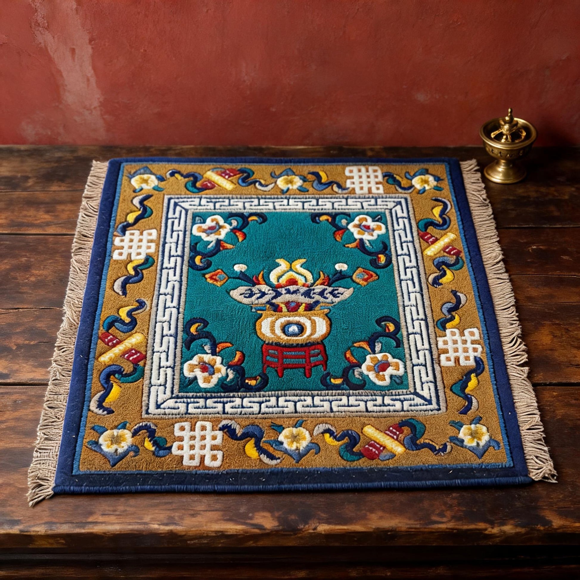 Treasure Vase · Blue Green handwoven Tibetan wool seat cushion