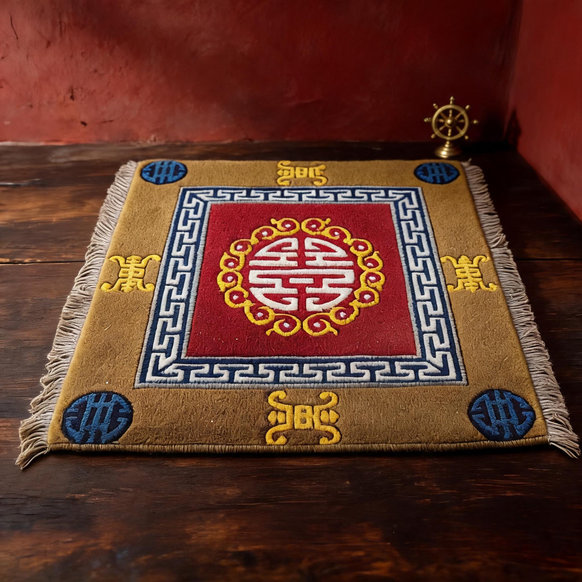 Fortune & Longevity · Vermilion handwoven Tibetan wool seat cushion