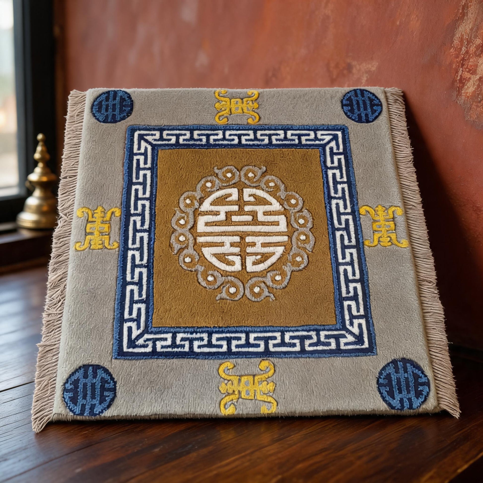 Fortune & Longevity · Golden Yellow handwoven Tibetan wool seat cushion