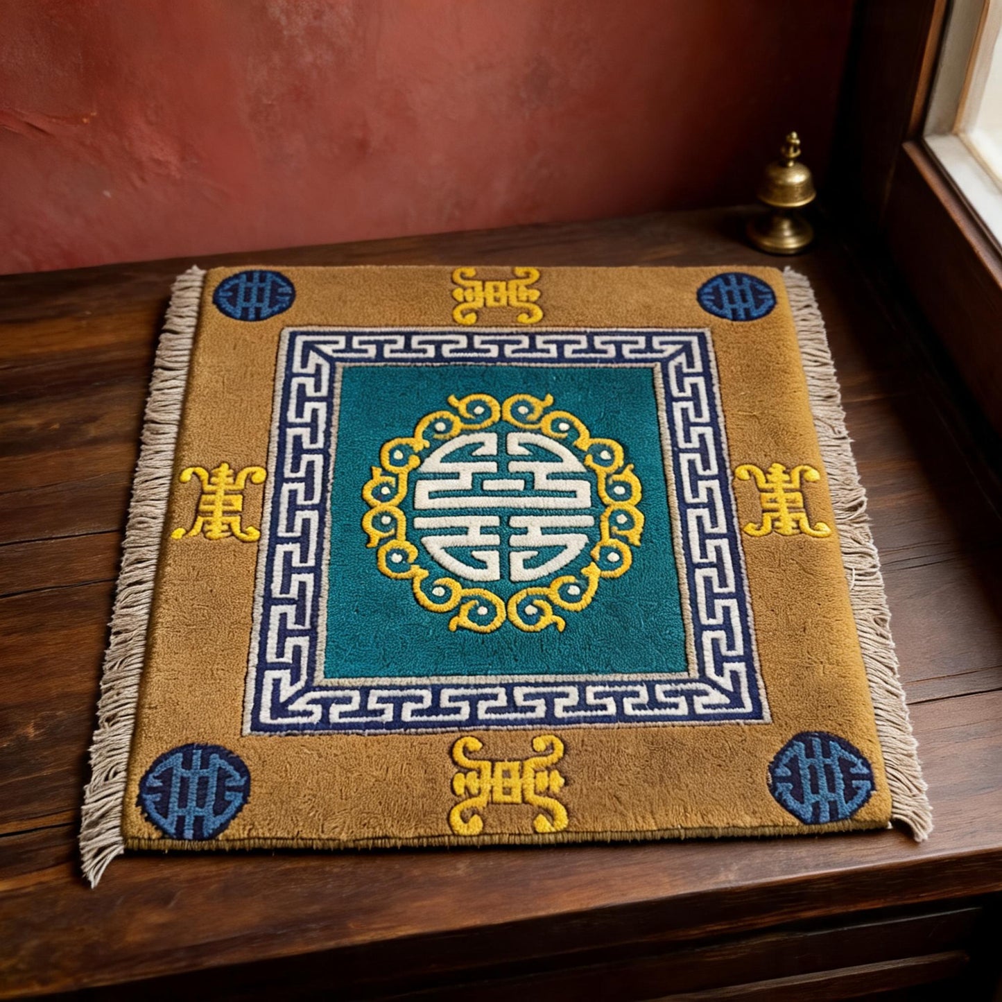 Fortune & Longevity · Blue Green handwoven Tibetan wool seat cushion