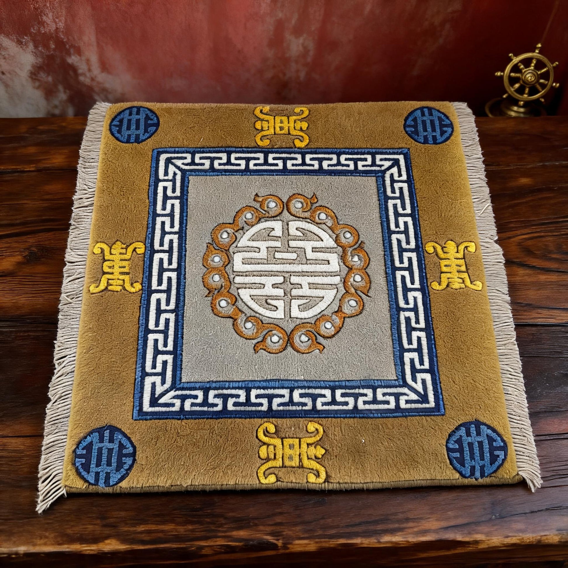 Fortune & Longevity · Gray Camel handwoven Tibetan wool seat cushion
