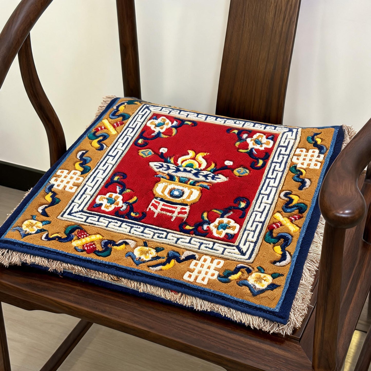 Handwoven Tibetan wool seat cushion detail view 1