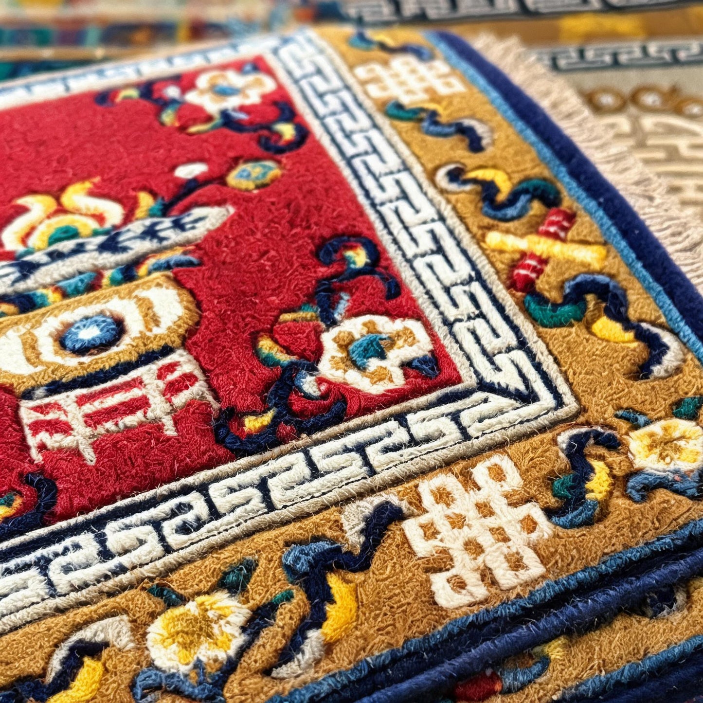 Handwoven Tibetan wool seat cushion detail view 3