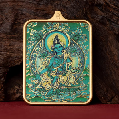 Green Tara hand painted thangka pendant main view