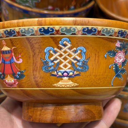 Eight auspicious motifs wood bowl side view