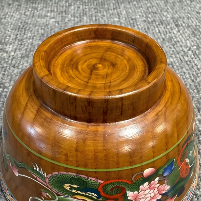 Green dragon hand painted wood bowl close up