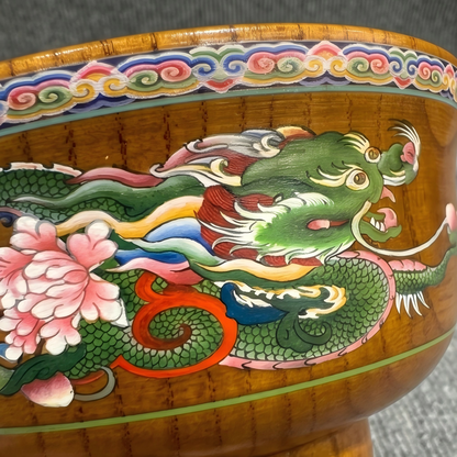 Tibetan inspired green dragon motif bowl detail