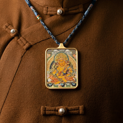 Yellow Jambhala thangka pendant side view