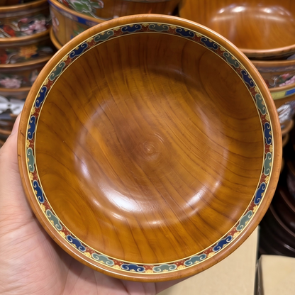 Eight auspicious motifs wood bowl close up