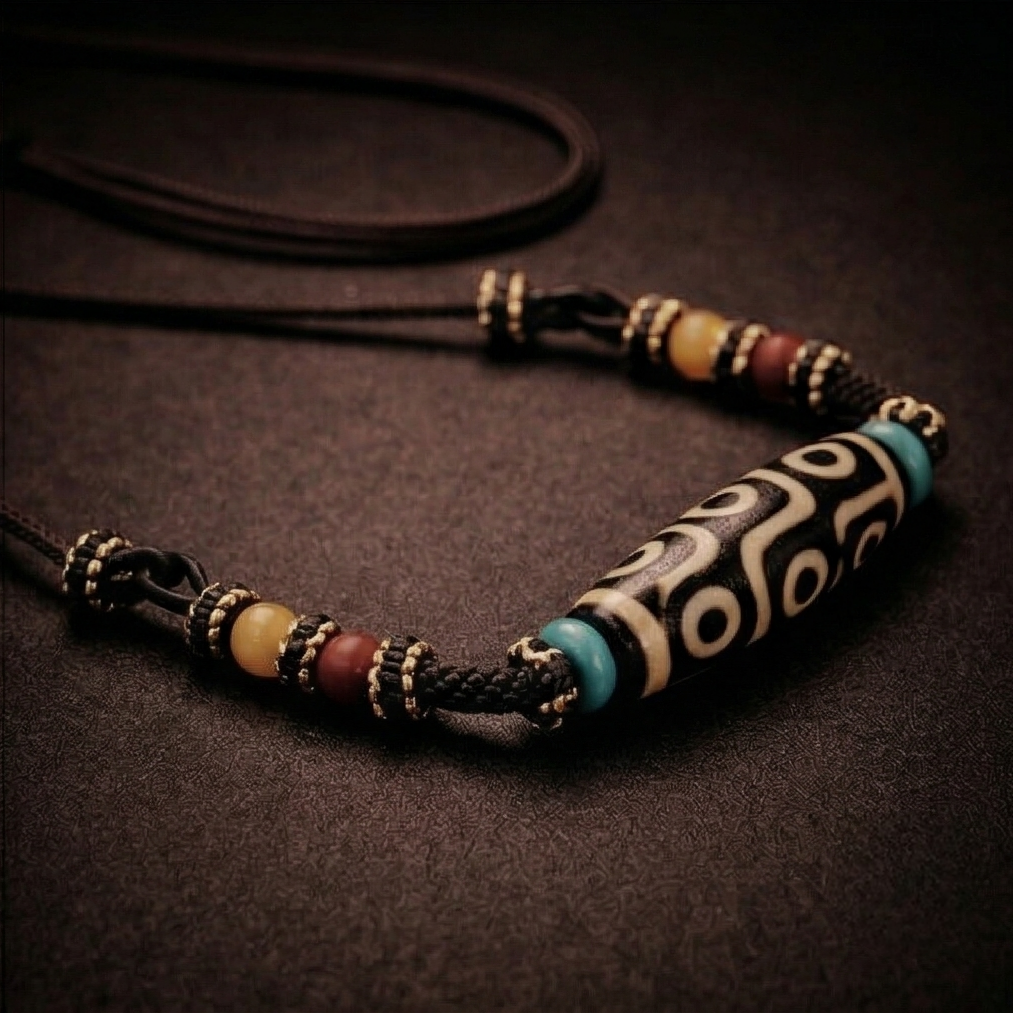 Handmade Nine-Eye Dzi Bead Necklace with Amber Accent