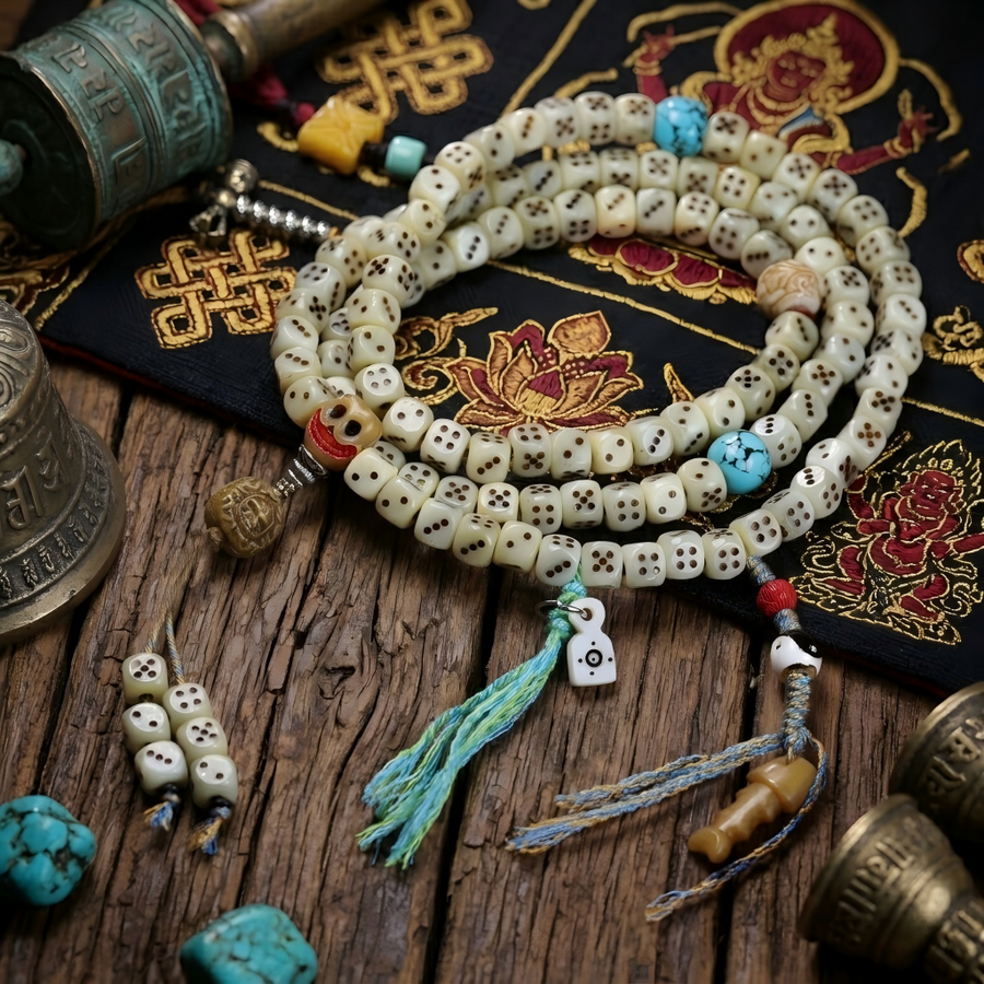 Collector grade Tibetan carved yak bone dice 108 mala main view