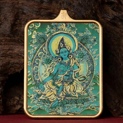 Hand painted Green Tara pendant close up