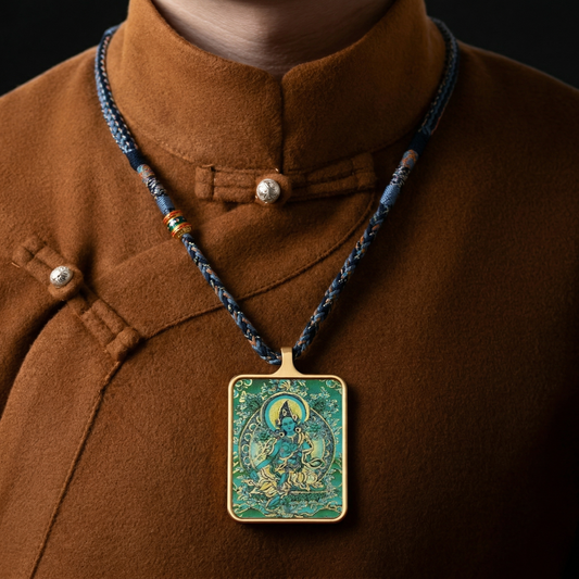 Green Tara thangka pendant side view