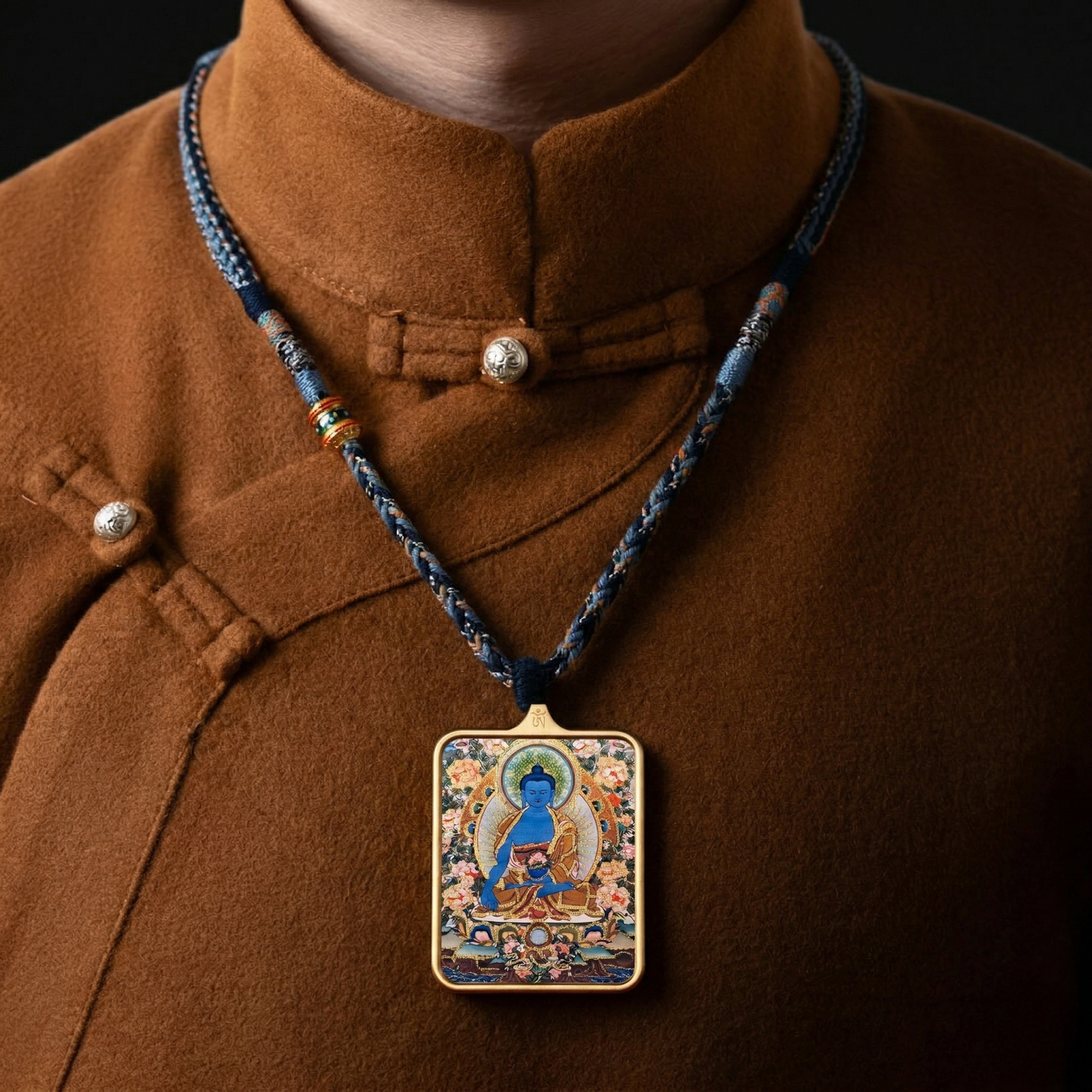 Medicine Buddha thangka pendant side view