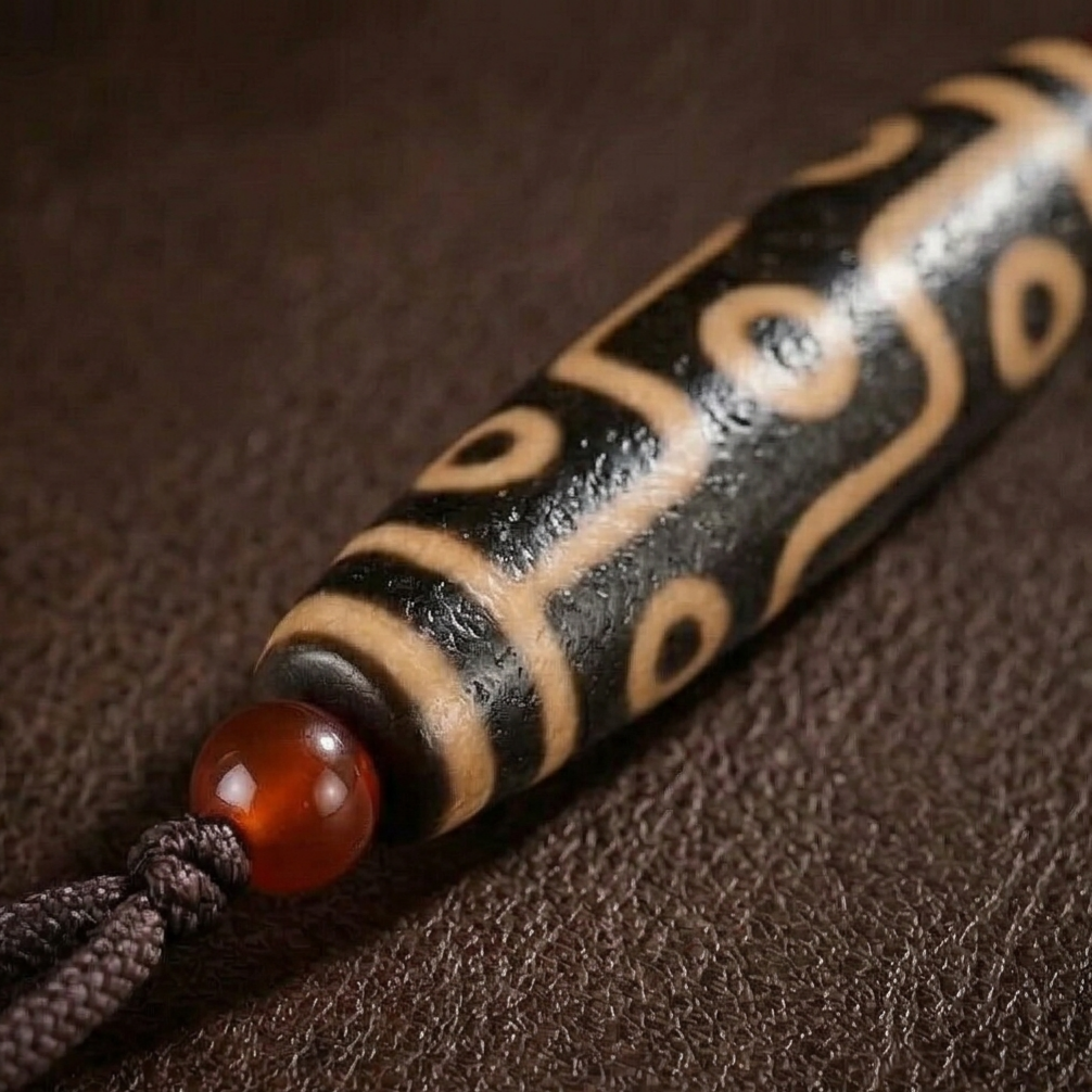 Nine eye and tiger tooth dzi necklace side view
