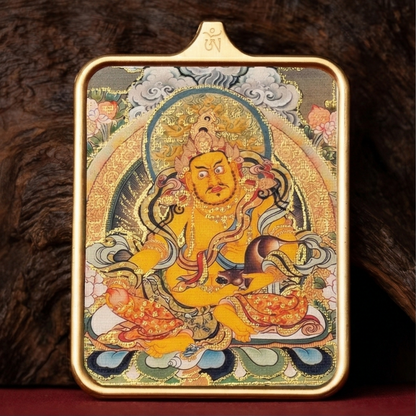 Yellow Jambhala hand painted thangka pendant main view