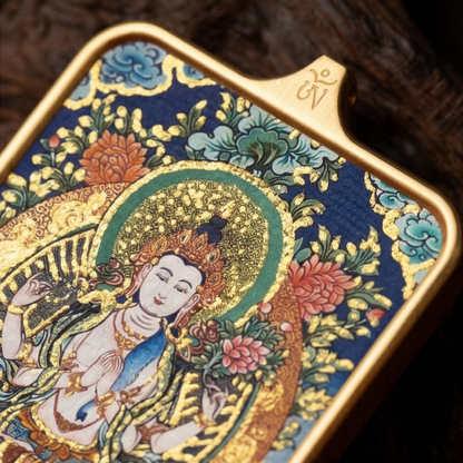 Hand painted Four Arm Guanyin pendant close up