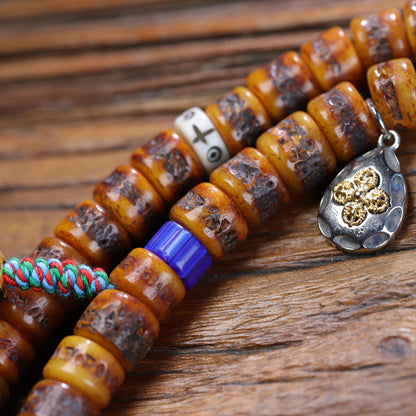 Tibetan yak bone mala close up